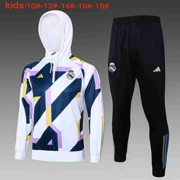 Ninos Chandal Con Capucha Real Madrid 2024-2025 Blanco Azul Survetement Ensemble Enfant Real Madrid 2024 2025 Blanc Bleu
